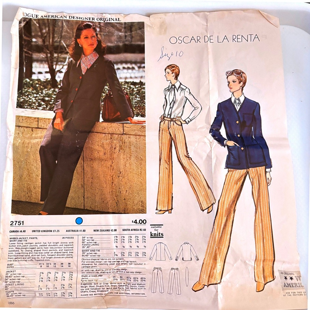 Vogue 2751 De La Renta Jacket Wide-Leg Pants Shirt Sz 10 Catalog Pg Cut Complete